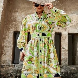 Pink Ripple NWT Scroll Print Bishop Sleeve Shirt Dress Bus Casual Size Small